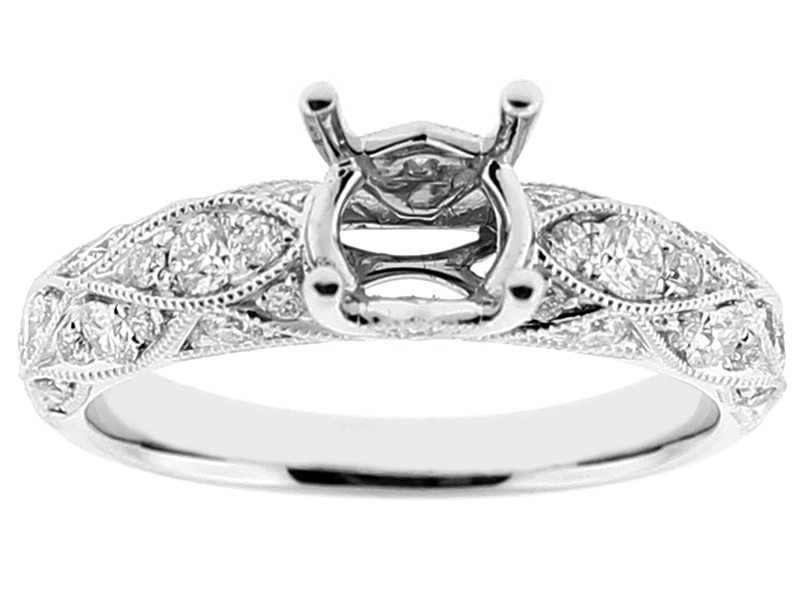 Semi Mount Preset Diamond Engagement Ring with Wavy Milgrain Design in 18k White Gold
