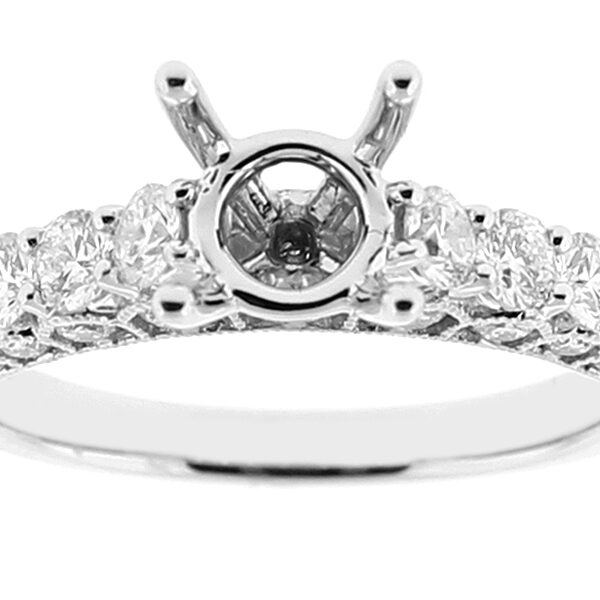 Semi-Mount Three Side Engagement Ring with Channel Set Diamonds Bordered By Beaded Milgrain in 18k White Gold