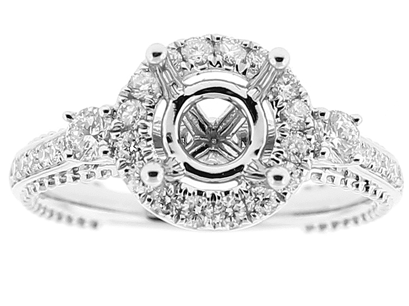 Semi Mount Round Halo Milgrain Engraved Engagement Ring with Prong and Preset Diamonds in 18k White Gold