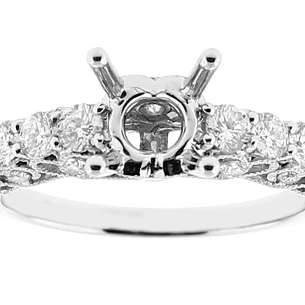 Semi Mount Three Side Engagement Ring with Channel Set Diamonds Bordered by Beaded Milgrain in 18k White Gold