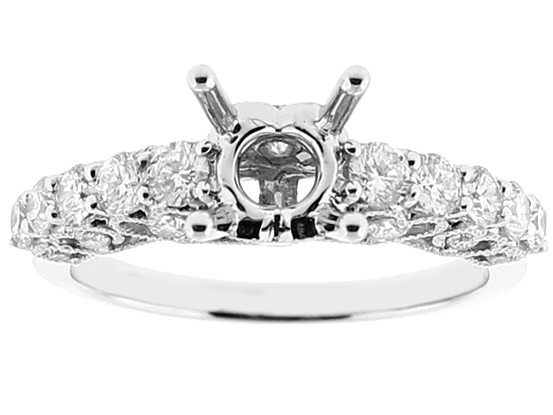 Semi Mount Three Side Engagement Ring with Channel Set Diamonds Bordered by Beaded Milgrain in 18k White Gold