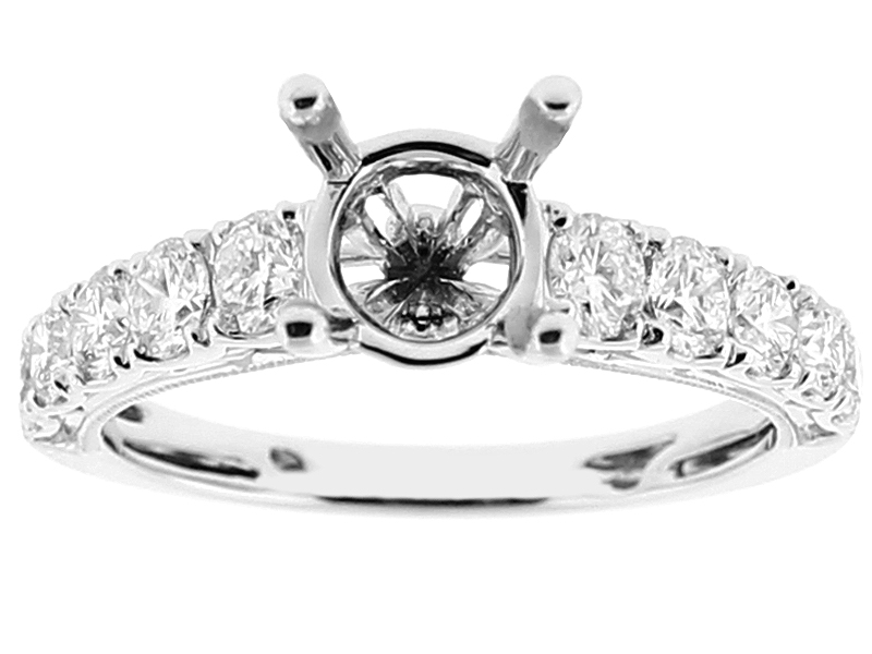 Semi Mount Three Side Engagement Ring with Bezel Set Diamonds and Milgrain Detail in 18k White Gold