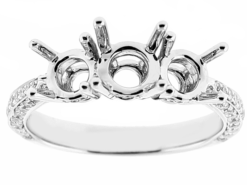 Semi Mount Three Stone Triple-Side Engagement Ring with Preset Diamonds in 18k White Gold