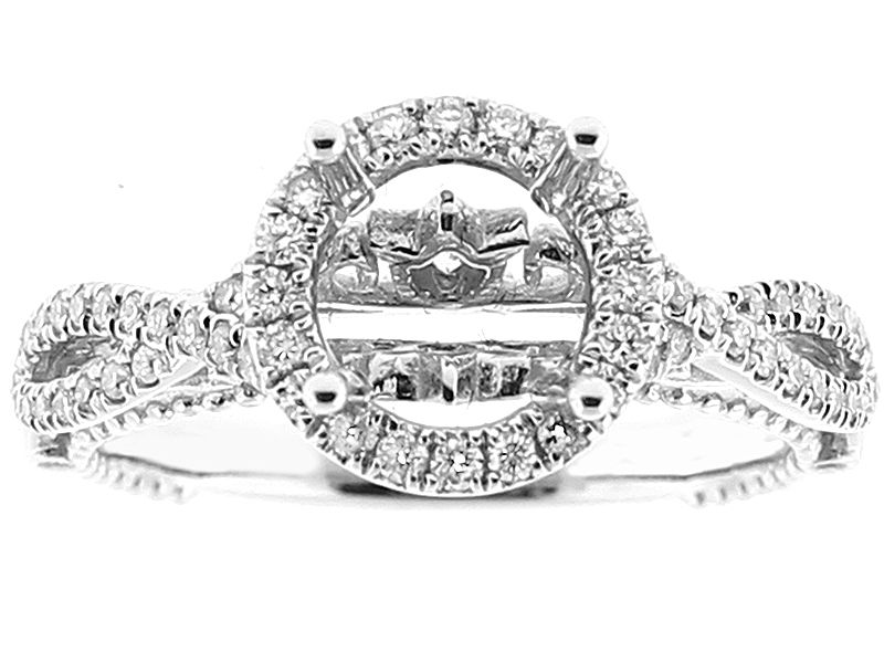 Semi Mount Round Halo Twist Shank Engagement Ring with Diamonds and Beaded Milgrain in 18k White Gold