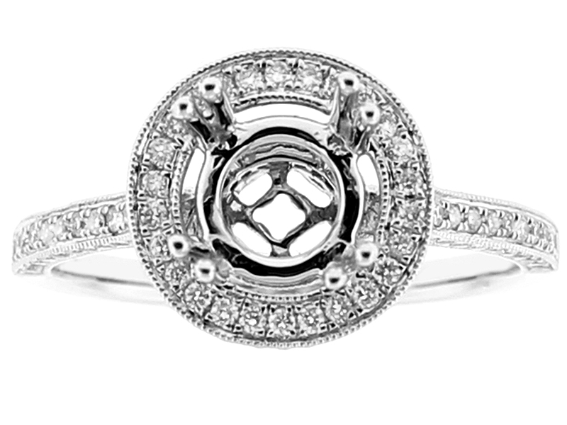Semi Mount Triple Side Round Halo Engagement Ring with Diamonds in 18k White Gold
