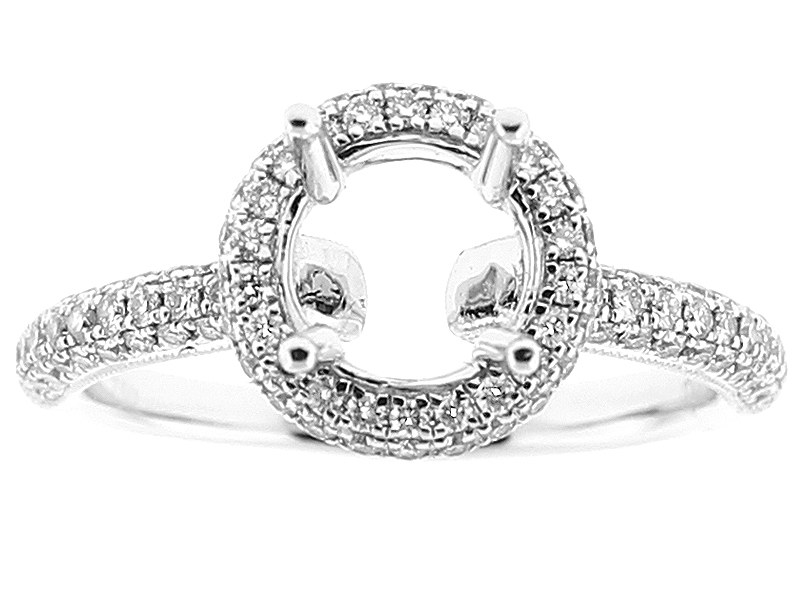 Semi Mount Milgrain Engraved Engagement Ring with Pavé Set Diamonds in 18k White Gold