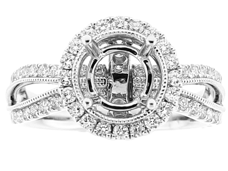 Semi Mount Milgrain Engraved Split Shank Engagement Ring with Diamonds in 18k White Gold