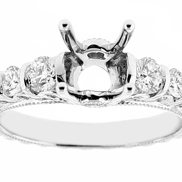 Semi Mount Milgrain Engraved Engagement Ring with Prong, Bezel, and Burnish Set Diamonds in 18k White Gold