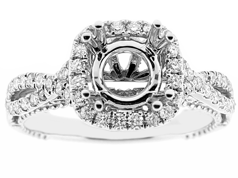 Semi Mount Square Halo Twist Shank Engagement Ring with Diamonds and Beaded Milgrain in 18k White Gold
