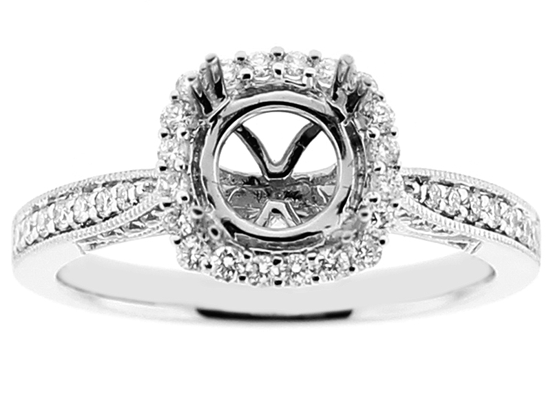 Semi Mount Square Halo Milgrain Engraved Engagement Ring with Preset Diamonds in 18k White Gold