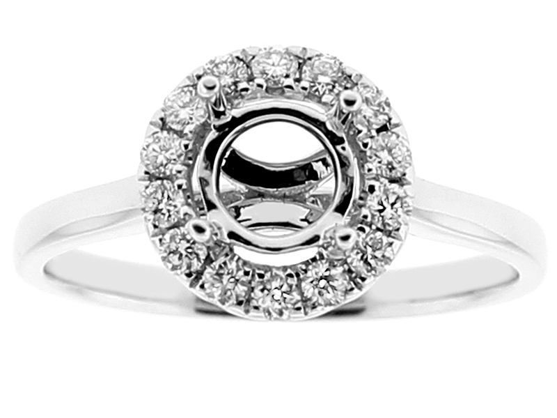 Semi-Mount Solitaire Style Plain Shank Engagement Ring with Round Halo of Diamonds in 18k White Gold