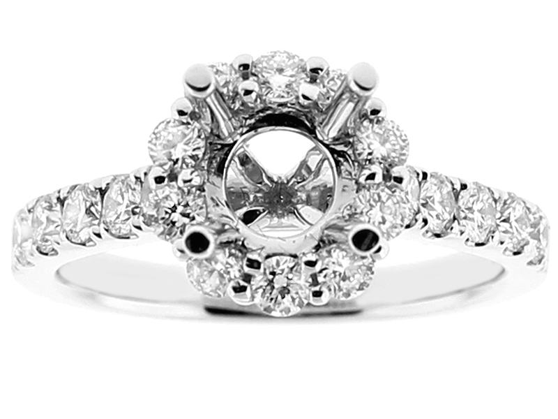 Semi Mount Round Halo Engagement Ring with Diamonds in 18k White Gold