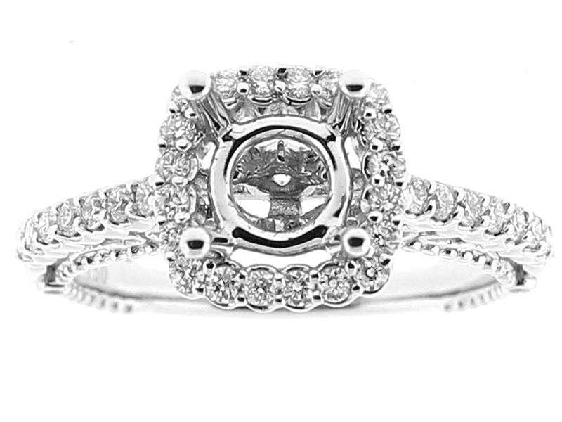 Semi Mount Square Halo Filigree Design Engagement Ring with Beaded Milgrain and Diamonds in 18k White Gold