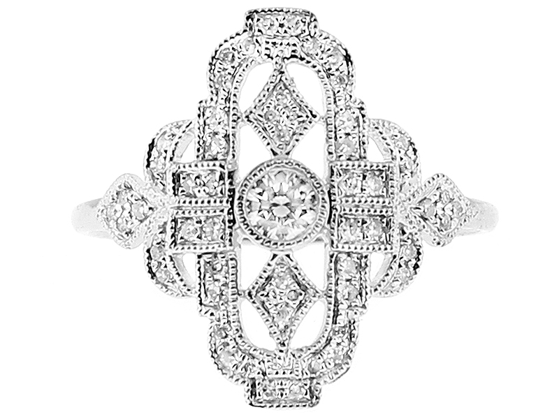 Vintage Inspired Ladies Fashion Ring with Bezel and Micro Pavé Set Diamonds Bordered by Beaded Milgrain in 14k White Gold