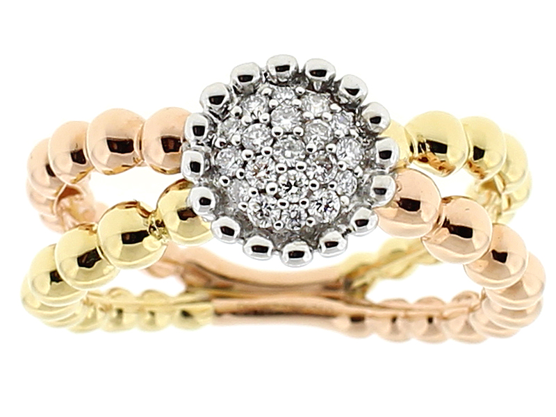 Tri Tone Split Shank Ladies Fashion Ring with Micro Pavé Set Diamonds in 18k White, Rose, and Yellow Gold