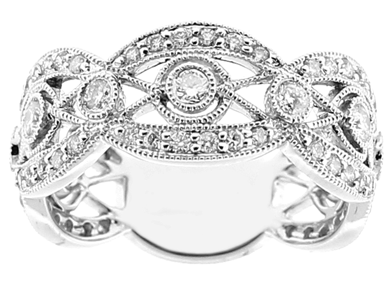 Ladies Vintage Inspired Fashion Ring with Bezel and Micro Pavé Set Diamonds Bordered by Beaded Milgrain in 18k White Gold