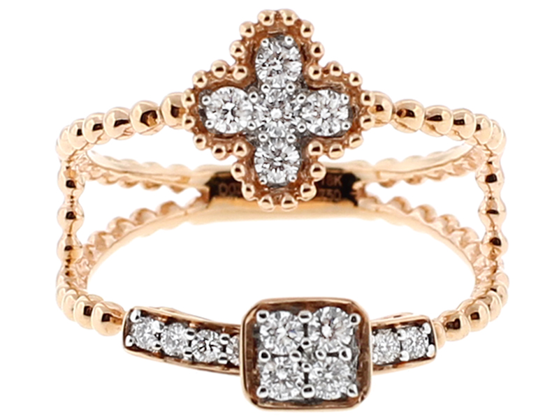 Split-Style Ladies Diamond Fashion Ring with Beaded Design and Moveable Charm in 18k Rose Gold