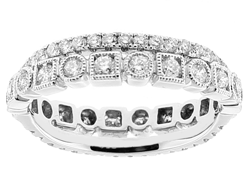 Crossover Style Ladies Fashion Ring with Bezel and Micro Pavé Set Diamonds Bordered by Milgrain in 18k White Gold