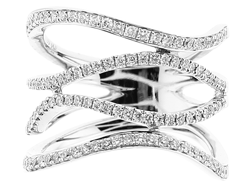 Wavy Geometric Ladies Cocktail Ring with Micro Pavé Set Diamonds in 18k White Gold