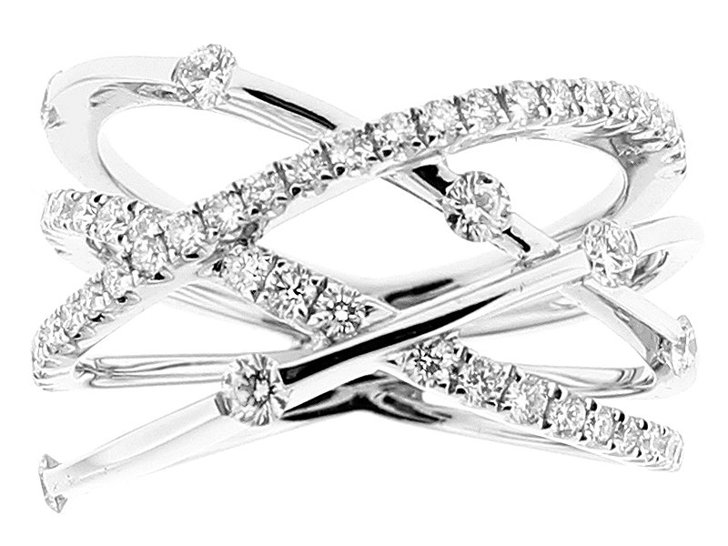 Ladies Crossover Style Statement Ring with Micro Prong and Channel Set Diamonds in 18k White Gold