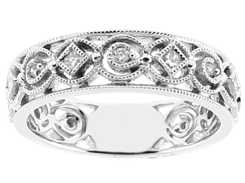Ladies Vintage Inspired Band with Prong and Bezel Set Round and Princess Cut Diamonds Surrounded by Milgrain in 18k White Gold