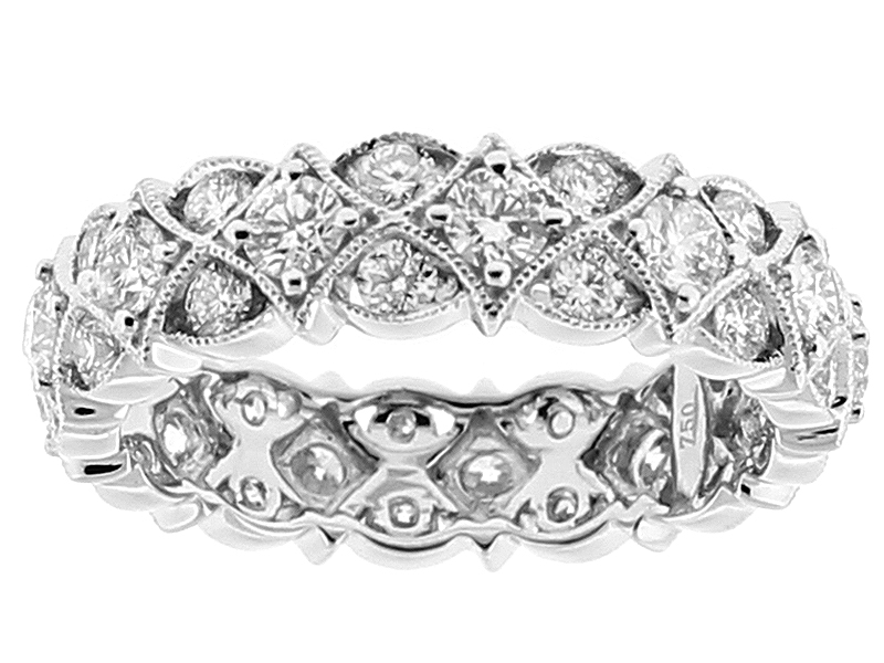 Ladies Vintage Inspired Eternity Band with Channel and Prong Set Diamonds Surrounded by Milgrain Design in 18k White Gold