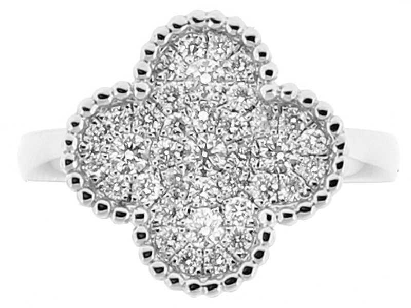 Clover Shaped Ladies Fashion Ring with Micro Pavé Set Diamonds Bordered by Beaded Milgrain in 18k White Gold