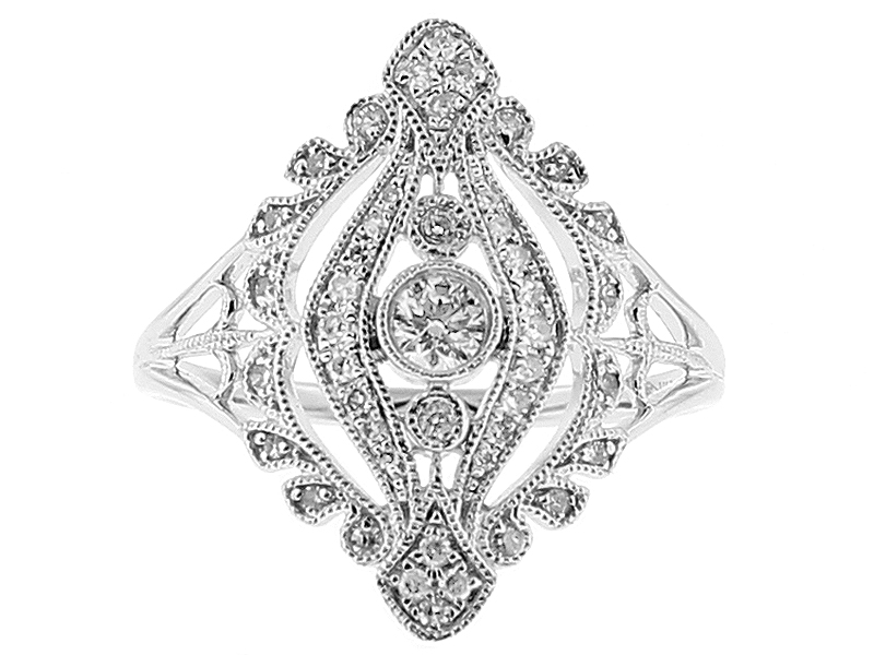 Vintage Inspired Statement Ring with Micro Pavé and Bezel Set Diamonds Bordered by Beaded Milgrain in 18k White Gold