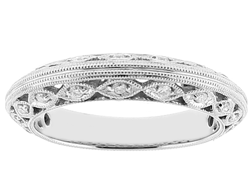 Knife Edge Milgrain Engraved Band with Diamonds in 18k White Gold