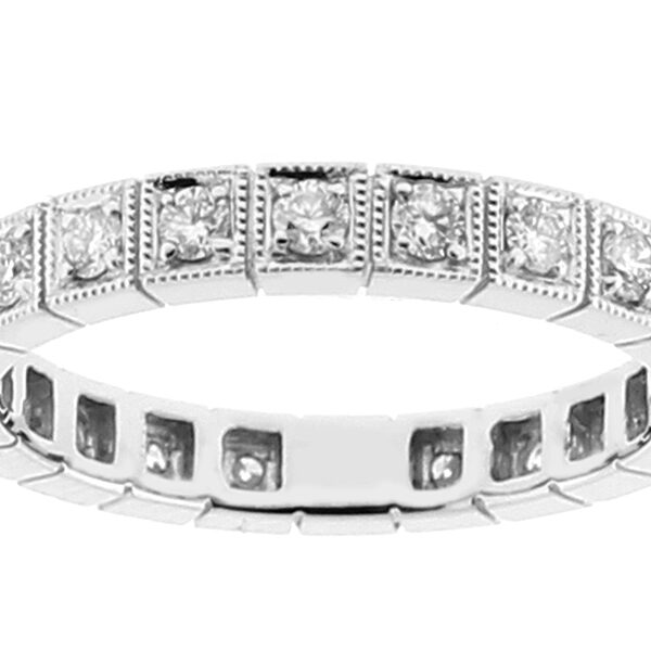 Single Row Ladies Eternity Band with Diamonds Bordered by Milgrain Engraving in 18k White Gold