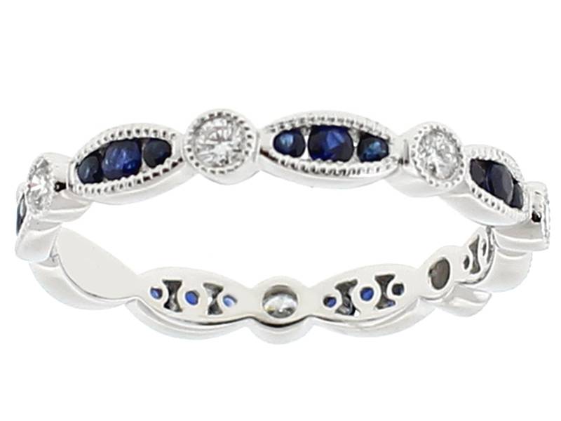 Ladies Vintage Inspired Milgrain Engraved Channel & Bezel Set Sapphire & Diamond Eternity Band in 18k White Gold