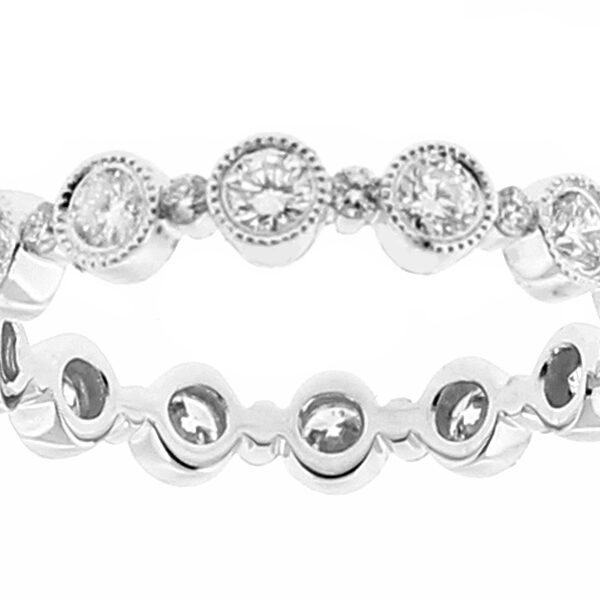 Ladies Vintage Inspired Milgrain Engraved Channel & Bezel Set Diamond Eternity Band in 18k White Gold