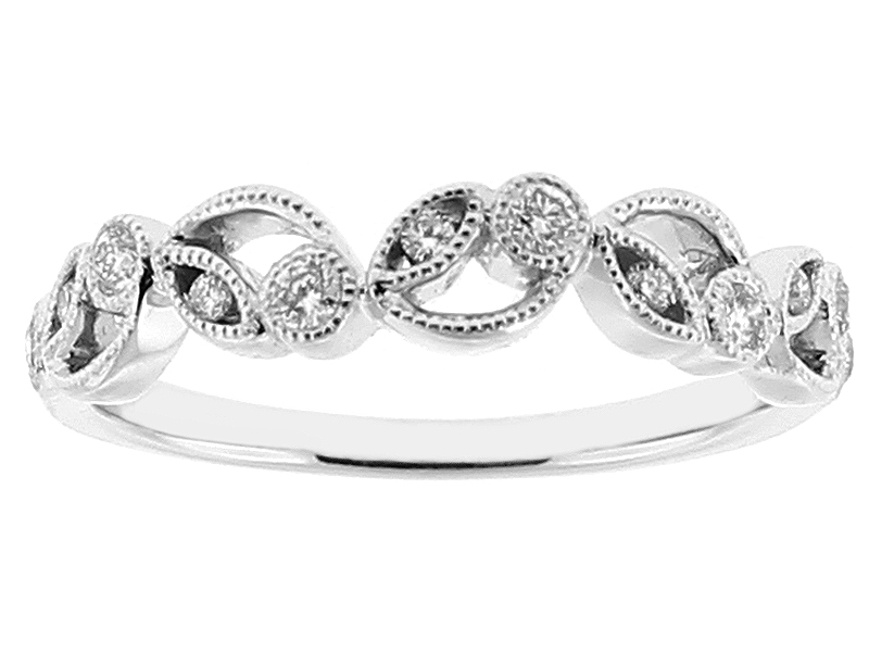 Ladies Openwork Milgrain Engraved Wedding Band with Channel and Bezel Set Diamonds in 18k White Gold