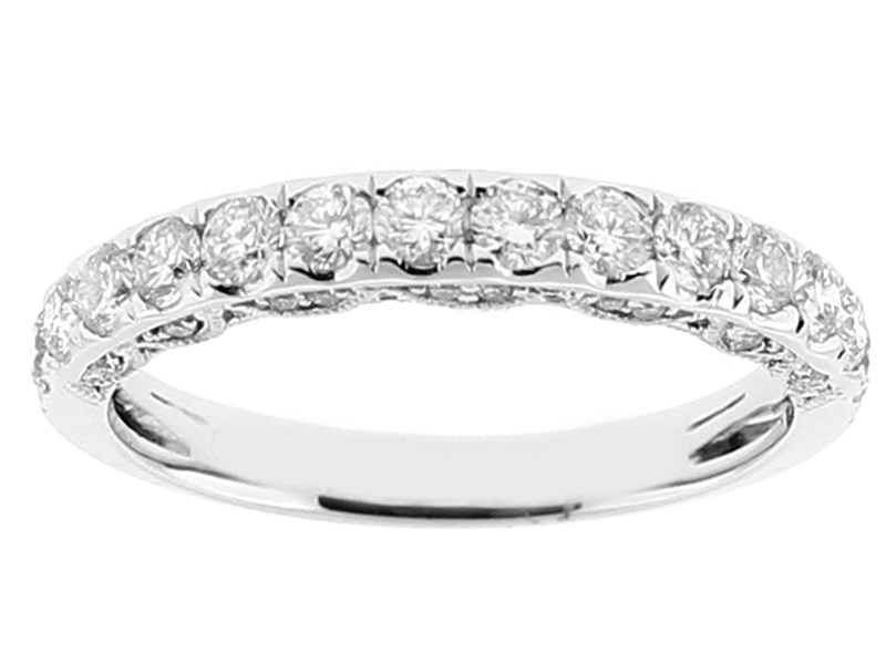 Ladies Triple Side Wedding Band with Pavé Set Diamonds and Milgrain Engraving in 18kt White Gold