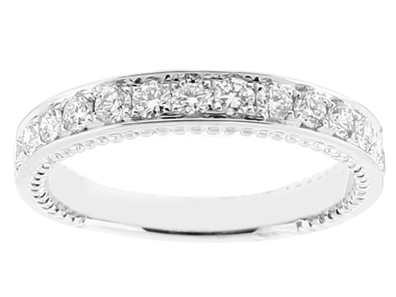 Ladies Single Row Wedding Band with Micro Pavé Set Diamonds and Beaded Milgrain Engraving in 18kt White Gold