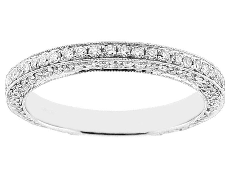Ladies Triple Side Wedding Band with Micro Pavé Set Diamonds Bordered by Milgrain in 18kt White Gold