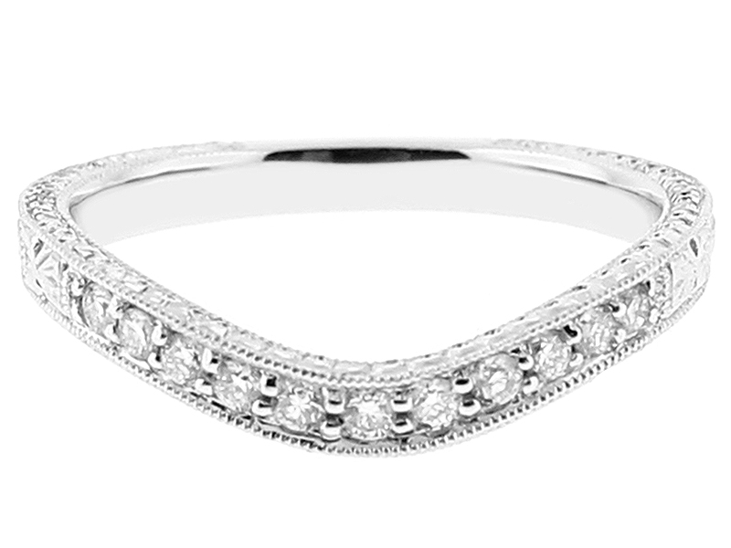 Engraved Triple Side Ladies Wedding Band with Milgrain and Preset Diamonds in 18kt White Gold