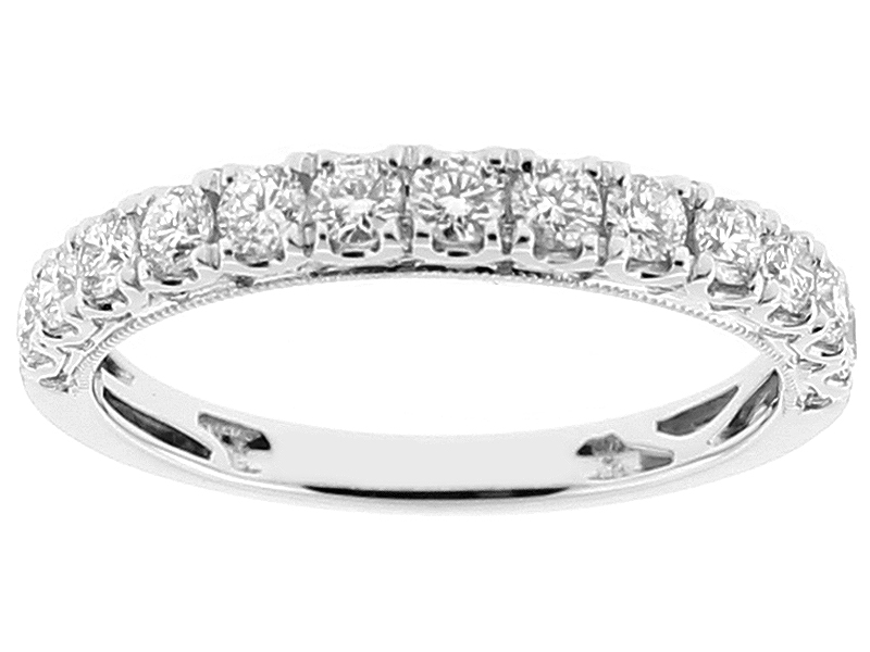 Milgrain Engraved Triple Side Wedding Band with Micro Prong and Bezel Set Diamonds in 18kt White Gold