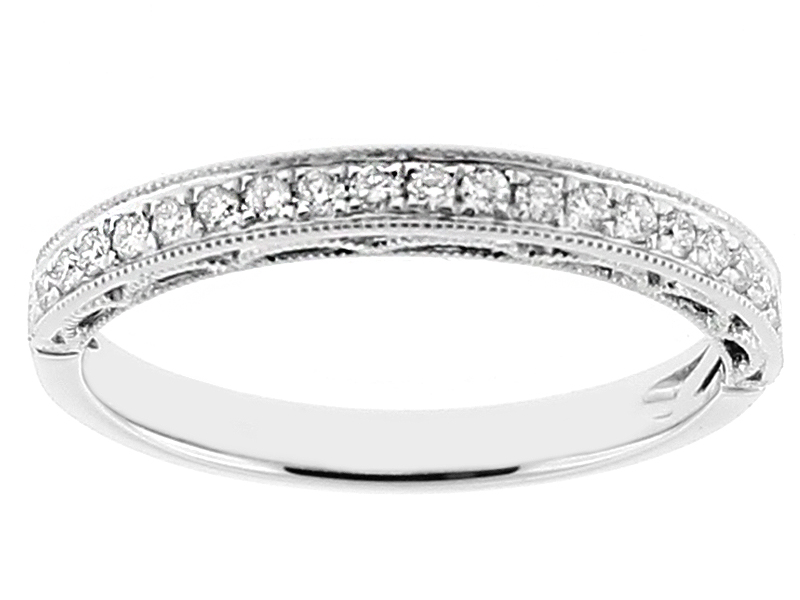 Ladies Milgrain Wedding Band with Single Row of Diamonds in 18kt White Gold