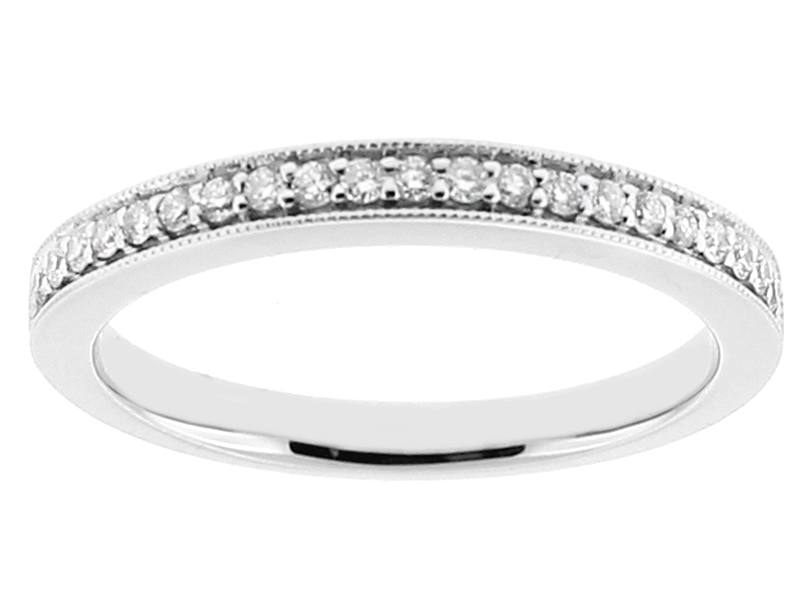 Ladies Single Row Wedding Band with Diamonds Bordered by Beaded Milgrain in 18kt White Gold