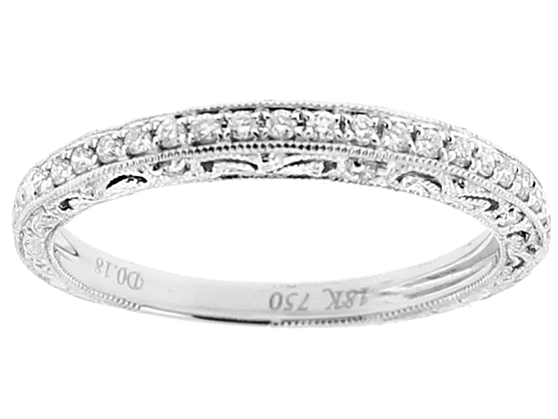Ladies Triple Side Milgrain Wedding Band with Filigree Design and Micro Pave Set Diamonds in 18kt White Gold
