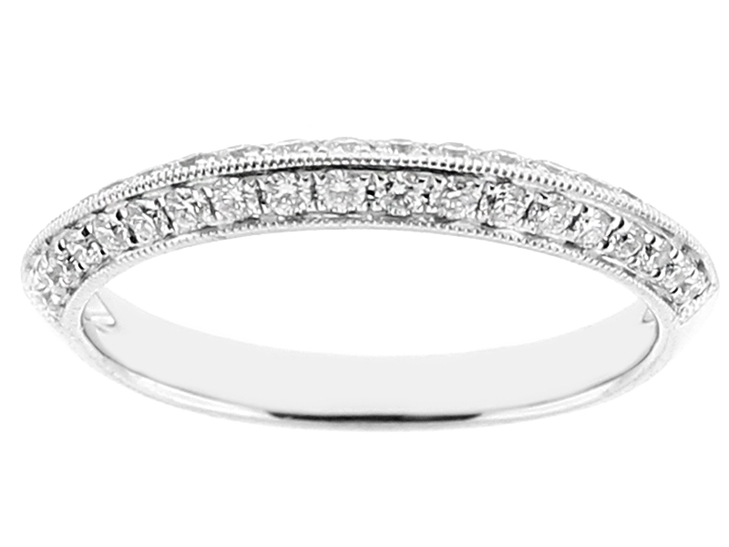 Ladies Knife Edge Wedding Band with Diamonds Bordered by Beaded Milgrain in 18kt White Gold
