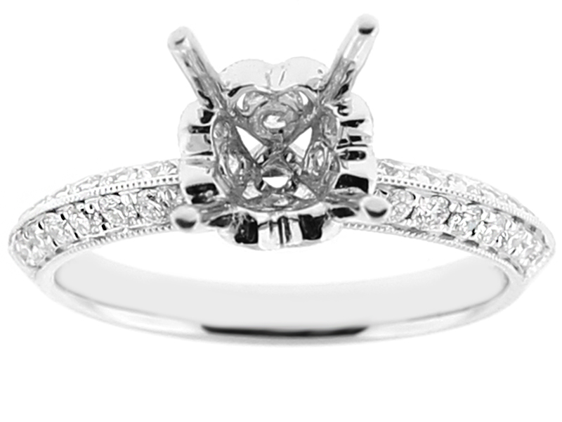Ladies Semi Mount Engagement Ring with Heart Basket and Micro Pave Set Diamonds in 18kt White Gold