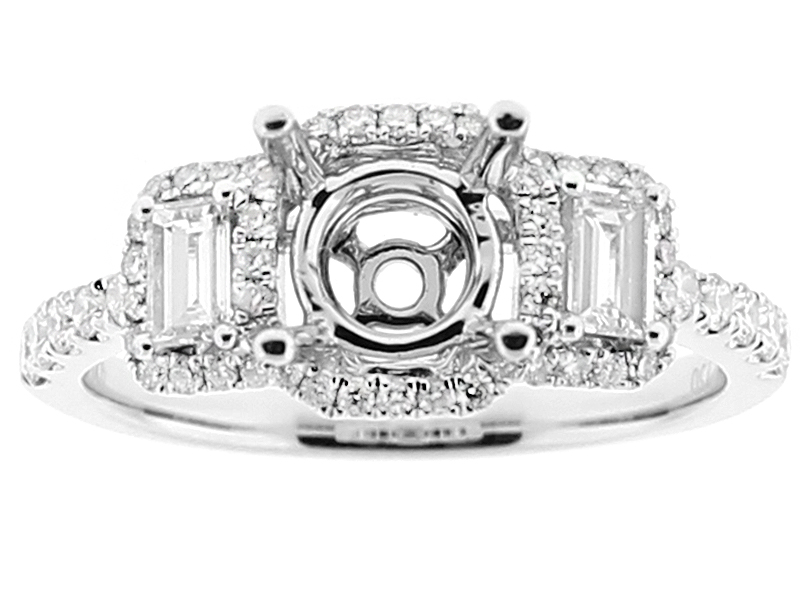 Semi Mount Three Stone Engagement Ring with Baguette and Round Diamonds in 18kt White Gold