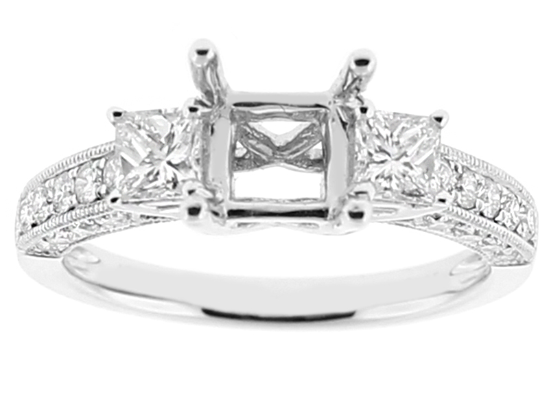 Semi Mount Three Stone Triple Side Engagement Ring with Princess Cut and Round Diamonds Bordered by Beaded Milgrain in 18kt White Gold