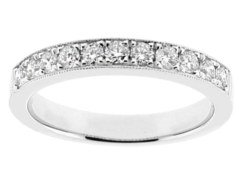 Single Row Ladies Wedding Band with Micro Pave Set Diamonds Bordered by Beaded Milgrain in 18kt White Gold