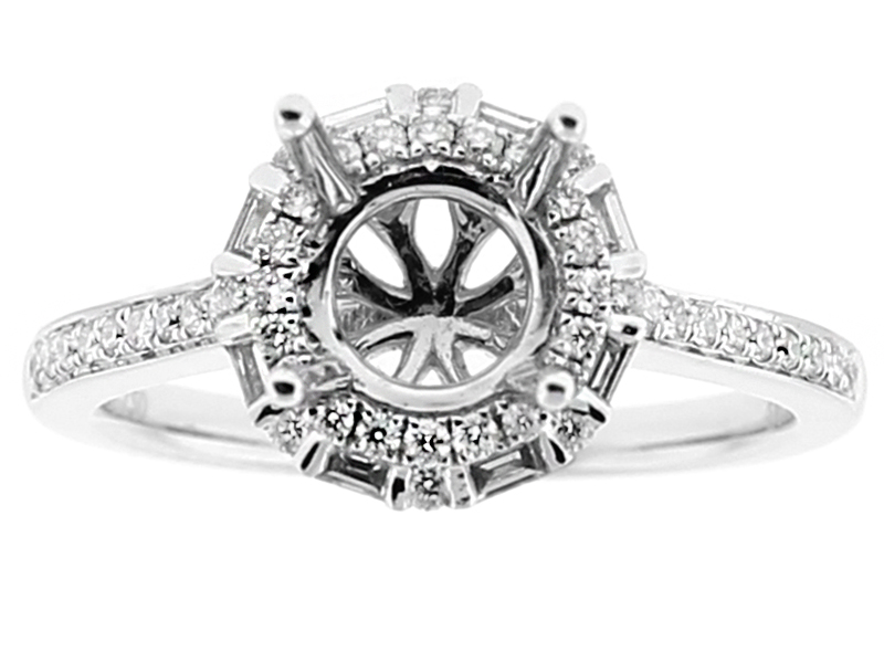 Semi Mount Round Halo Combination Set Engagement Ring with Baguette and Round Diamonds in 18kt White Gold