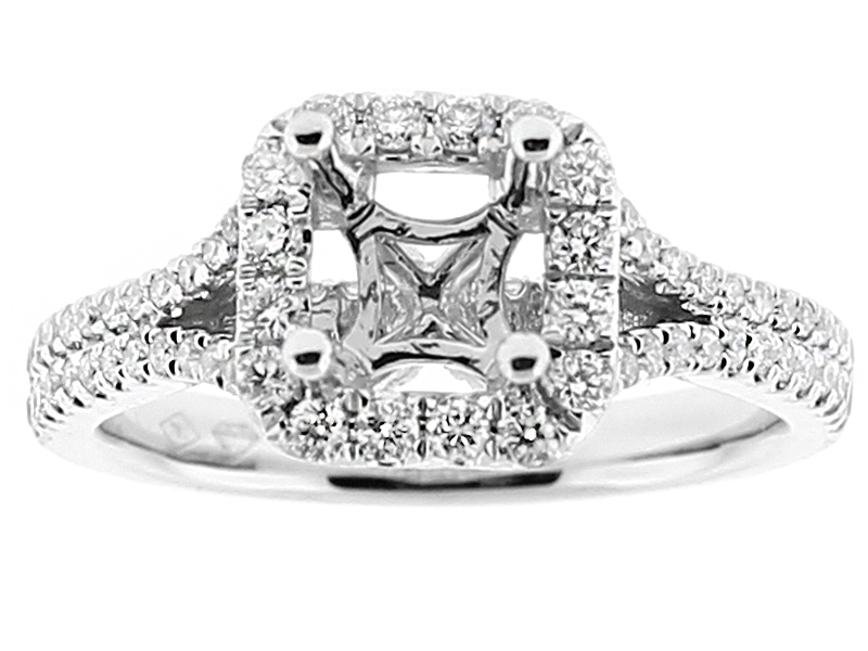 Semi Mount Square Halo Split Shank Engagement Ring with Double Row of Diamonds in 18kt White Gold