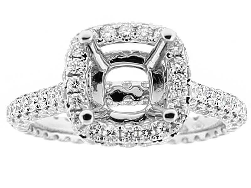 Semi Mount Square Halo Triple Side Engagement Ring with Micro Pave Set Diamonds All Around in 18kt White Gold