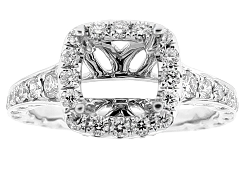 Semi Mount Square Halo Triple Sided Engagement Ring with Micro Prong and Pave Set Diamonds in 18kt White Gold